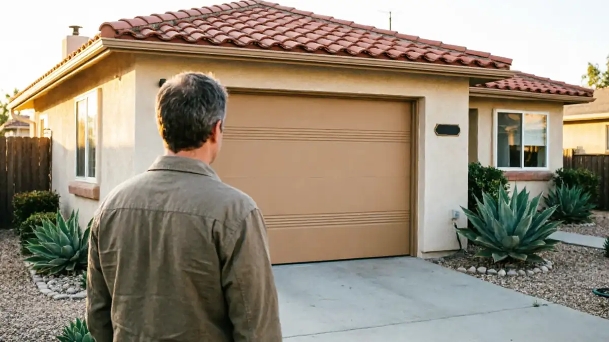 A man stands facing a tan garage door on a stucco house with a red tile roof.