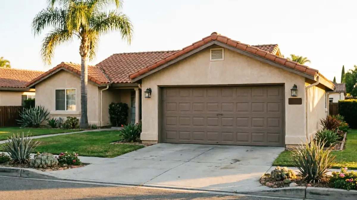 A beige house with a brown garage door and a palm tree in the front yard.