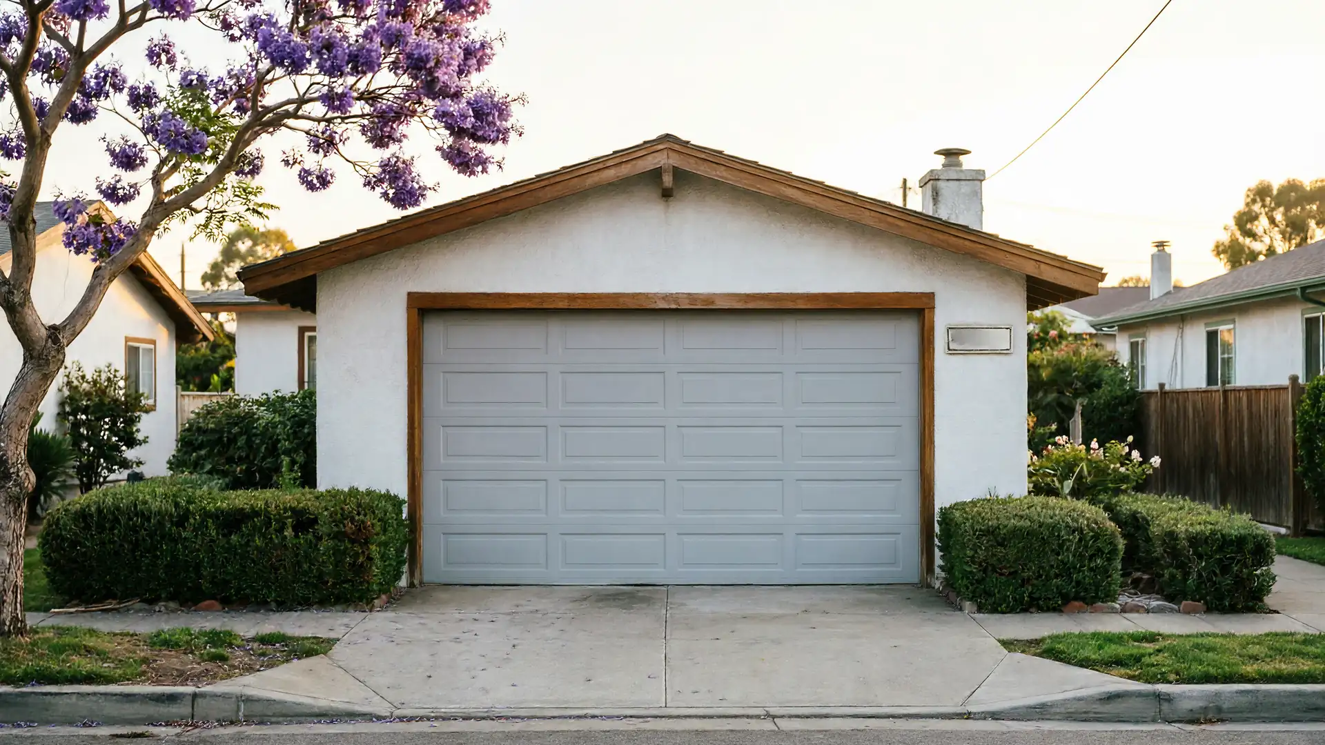 A light gray garage door is on a white house with a purple flowering tree.