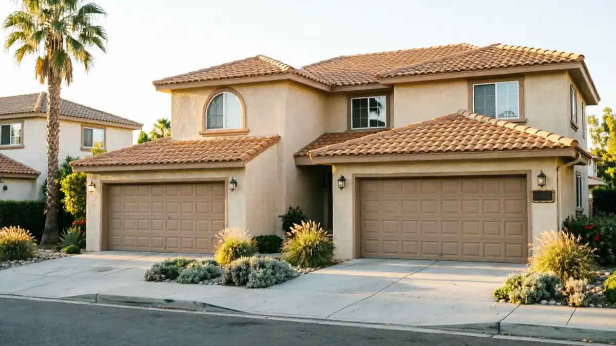 A two-story house with two brown garage doors and a palm tree in the front yard.