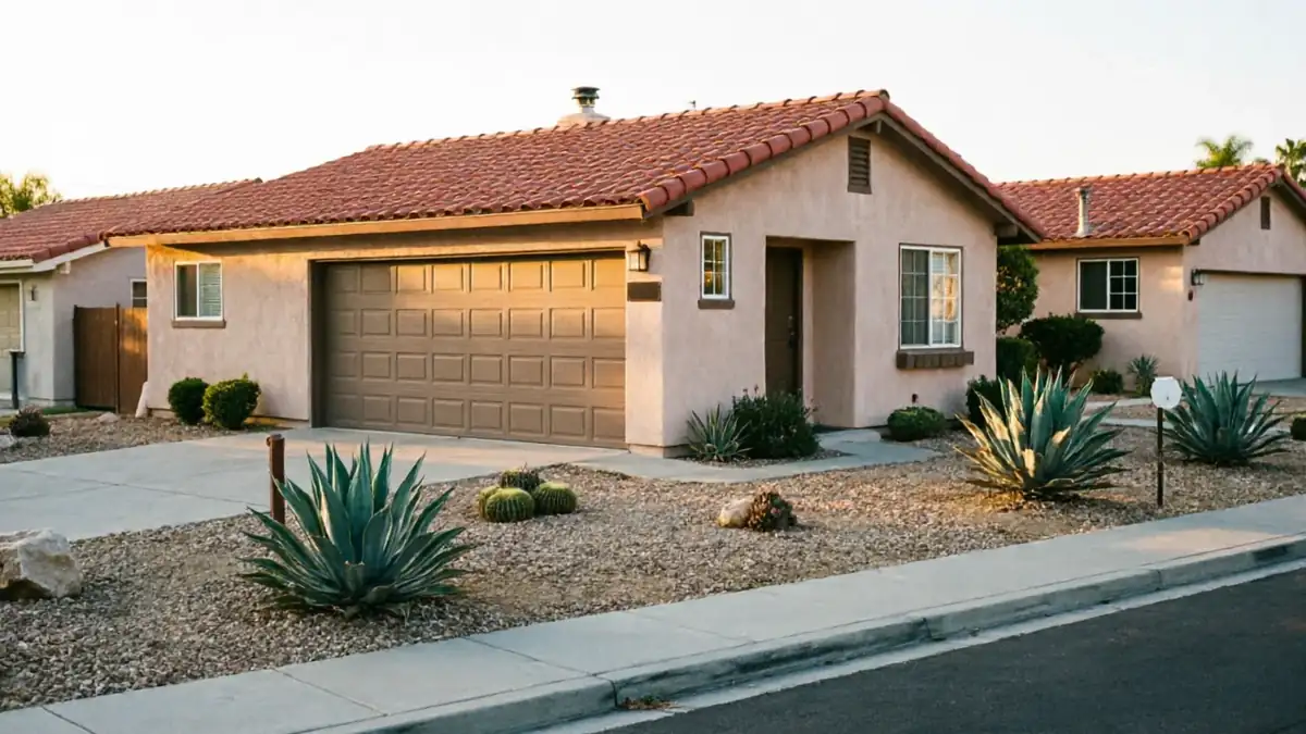 A house with a brown garage door and a red tile roof.