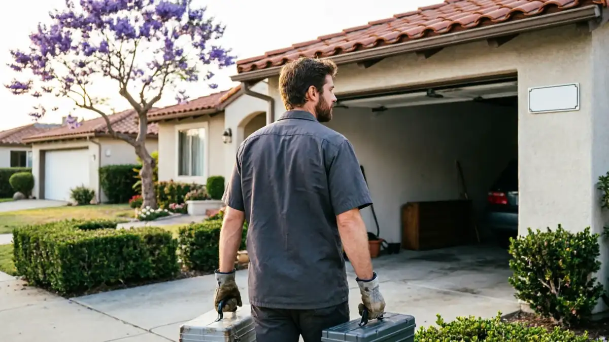 A technician carries two toolboxes toward an open garage door.