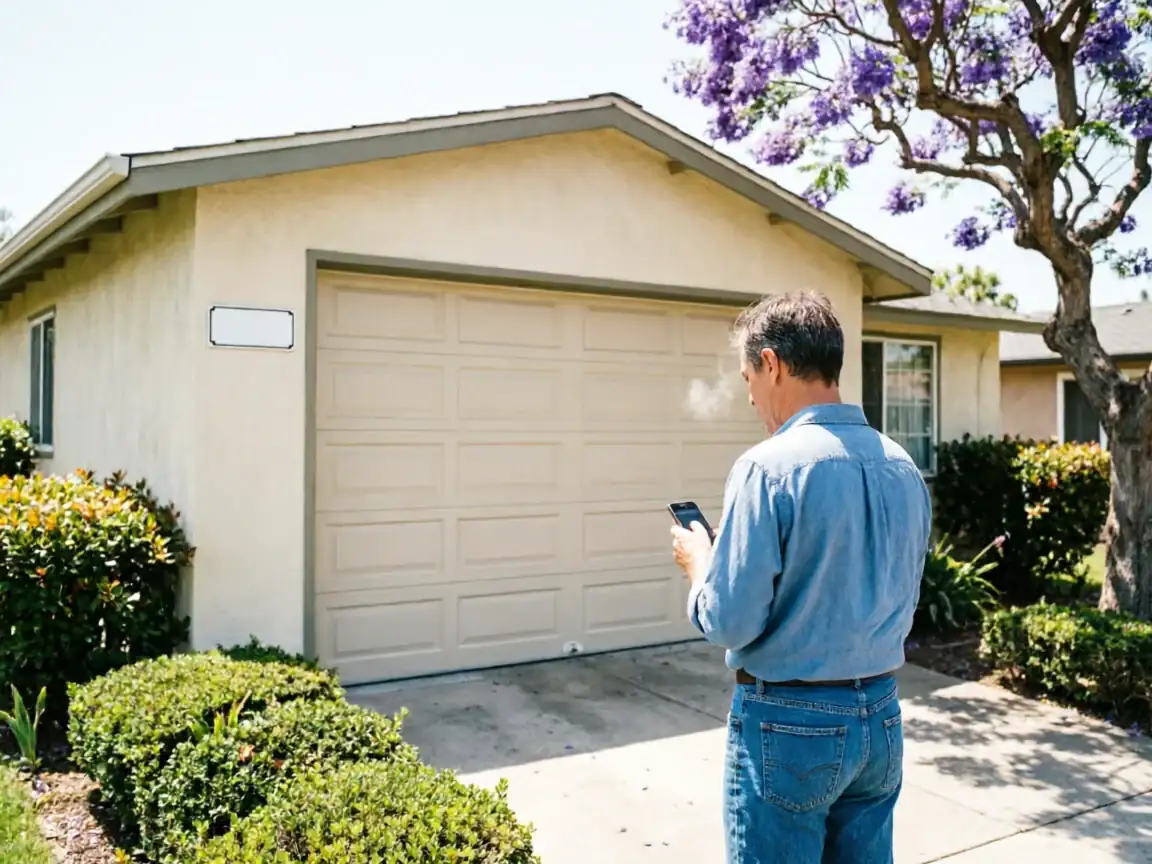 A man stands in a driveway, looking at his phone in front of a closed garage door.