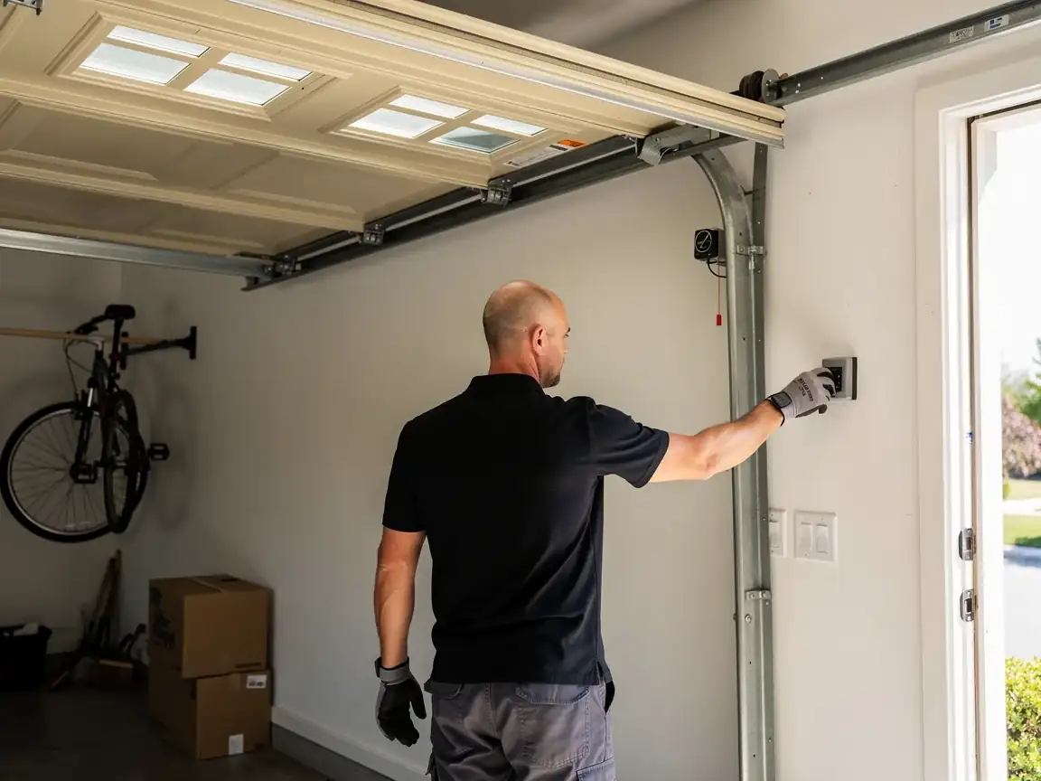 A technician in gloves presses a button on a garage wall.