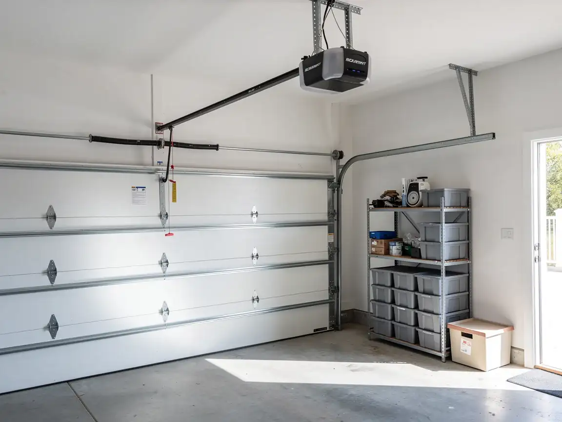 The white garage door is closed, with a torsion spring and opener visible above.