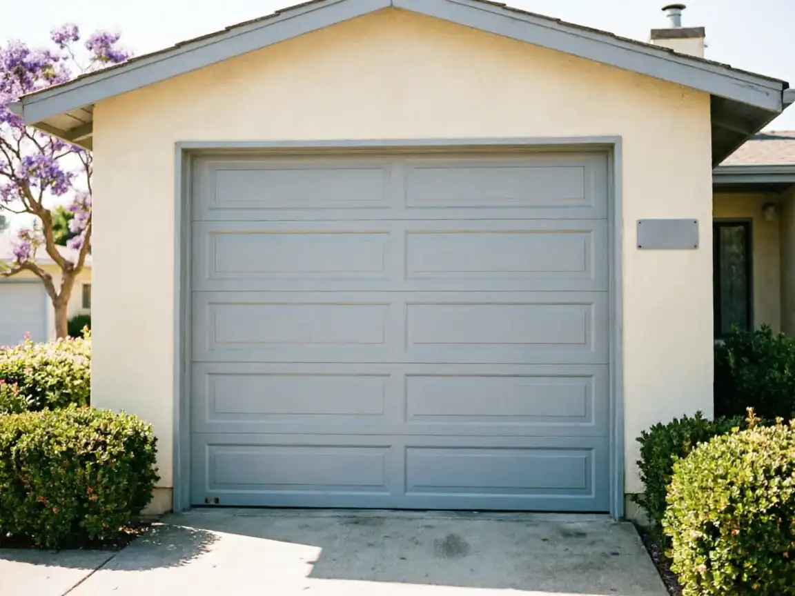 A light gray garage door is on a beige house with green bushes.