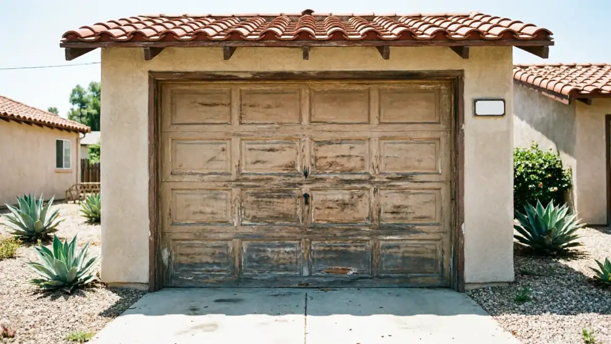 The house has a weathered wooden garage door with a red tile roof.
