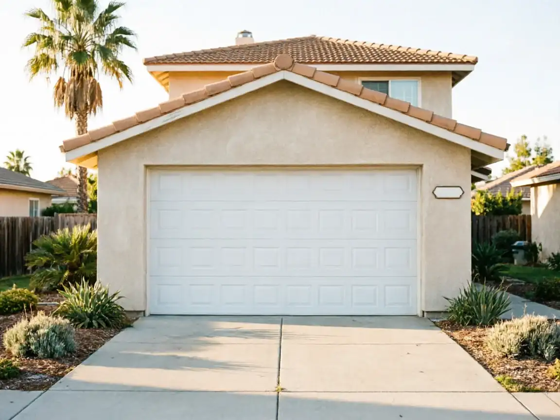 A white paneled garage door is on a beige house with a tiled roof.