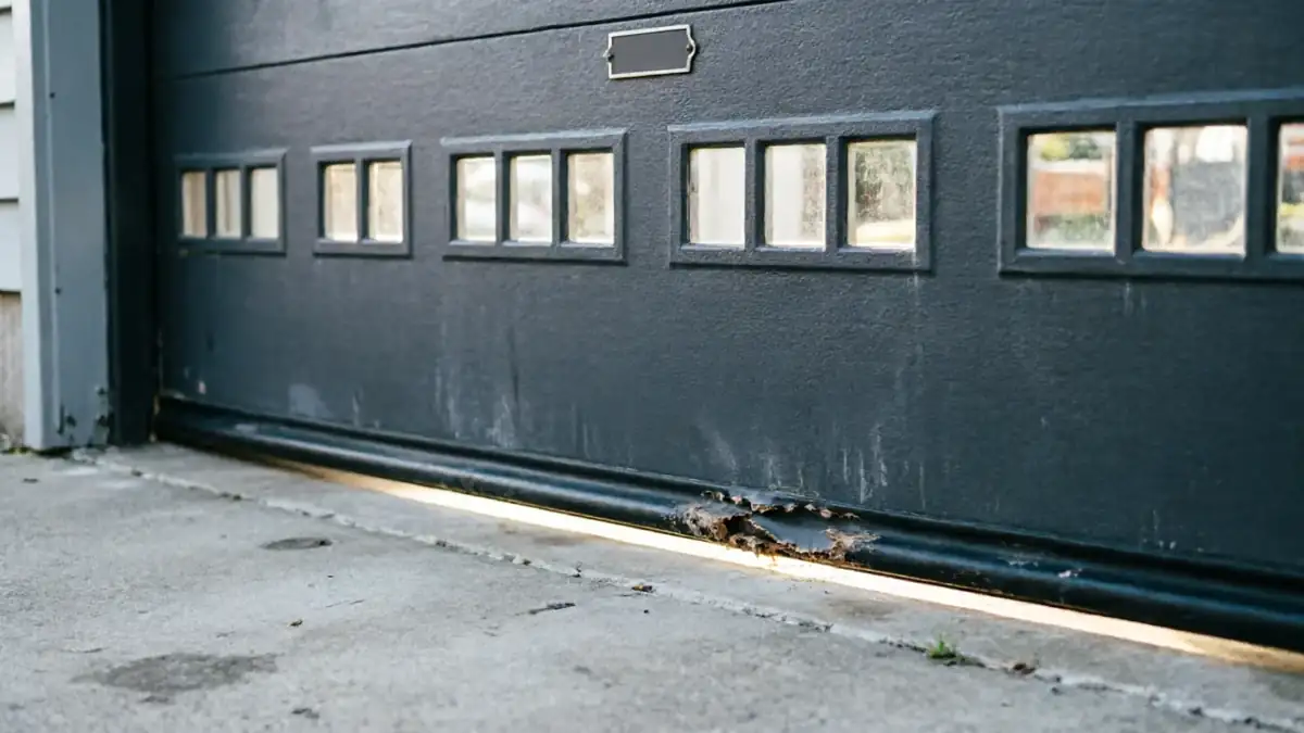 A dark gray garage door with windows and a damaged bottom seal.