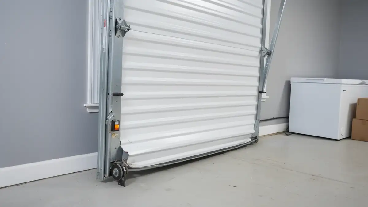 A white garage door is bent at the bottom, with a freezer in the background.